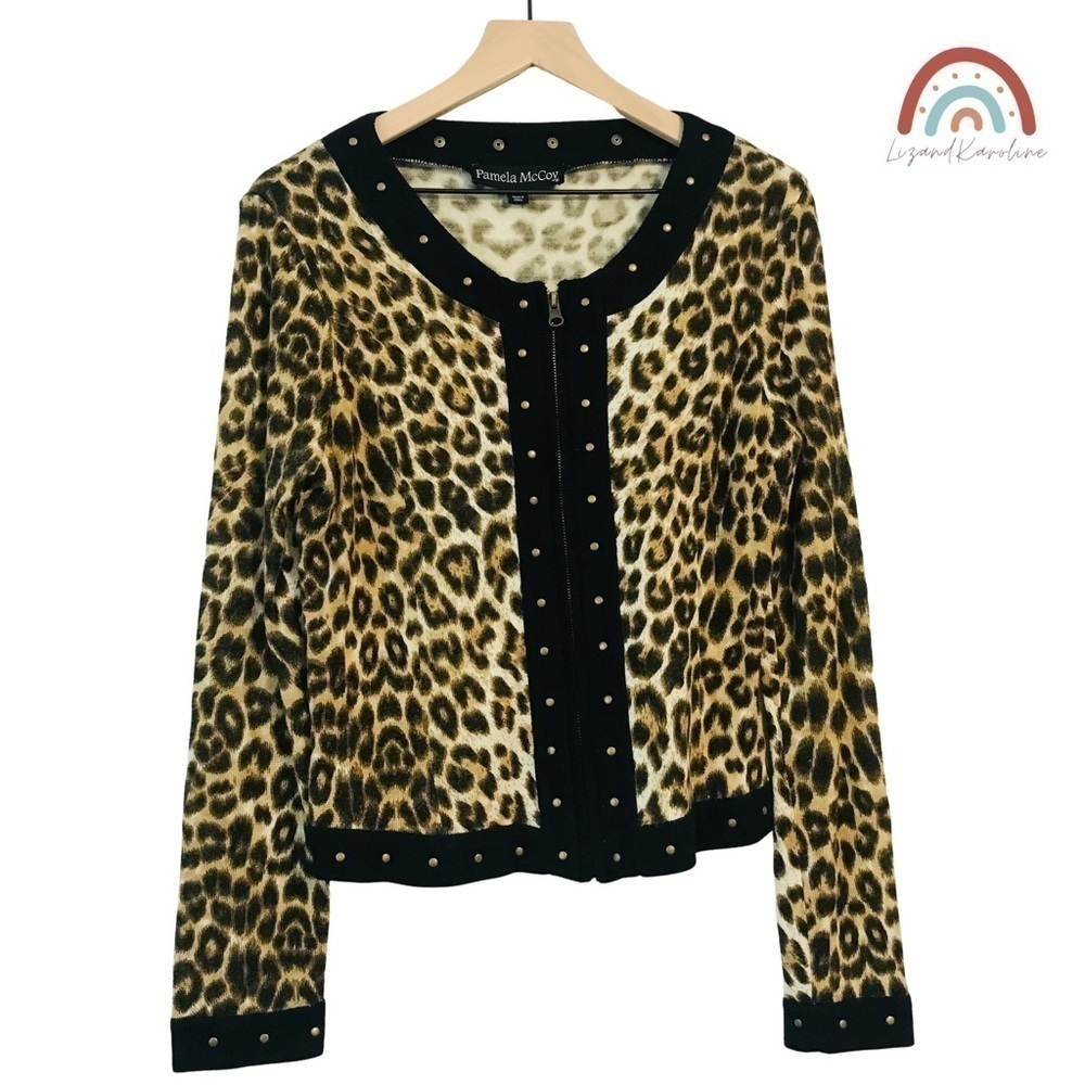 Vintage Pamela McCoy 90s Wool Leopard Cheetah Zip Up Cardigan Sweater